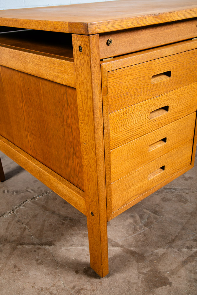 Mid Century Danish Modern Desk Executive Floating Solid Oak 8 Drawer Restored NM - Image 10