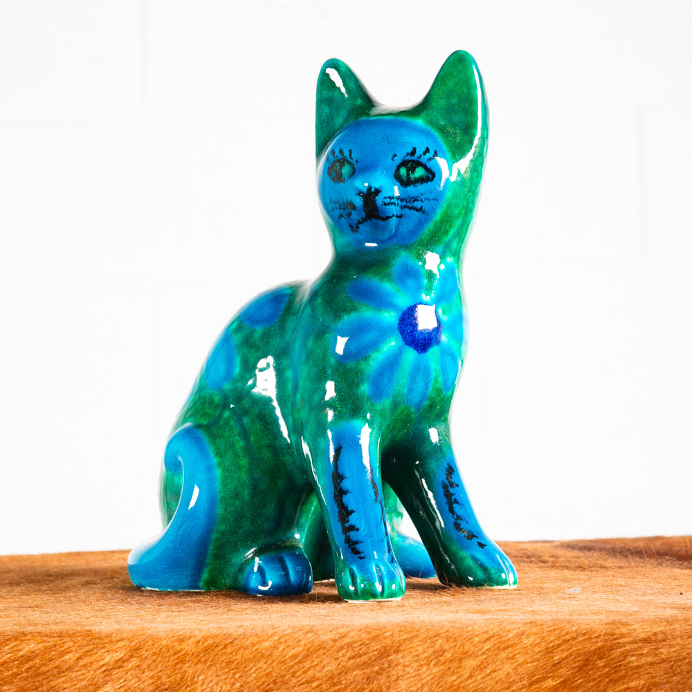 Mid century Modern Ceramic Cat Mario Bellini Italy Italian Blue Green Vintage NM