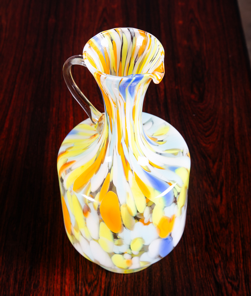 Mid Century Modern Art Glass Wine Decanter Vase Yellow Orange Blue Round Jug Mcm - Image 5