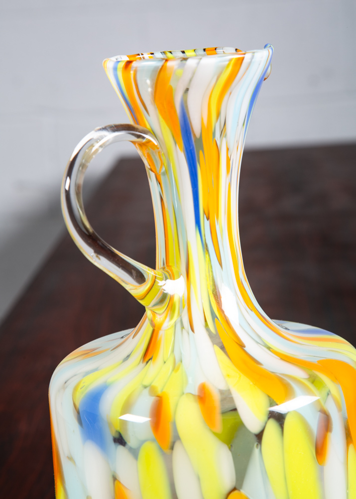 Mid Century Modern Art Glass Wine Decanter Vase Yellow Orange Blue Round Jug Mcm - Image 9