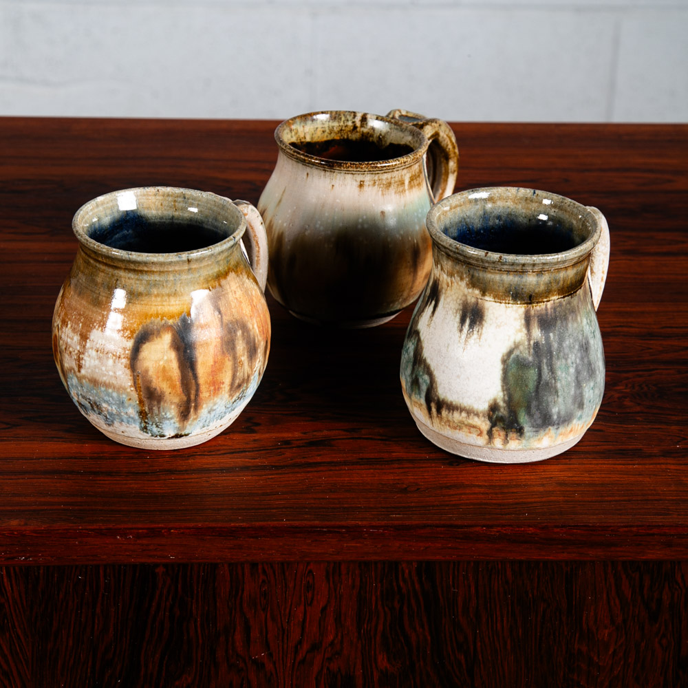 Mid Century Modern Coffee Cup Set of 3 Handle Mug Mcm Ceramic Studio Signed NM - Image 2