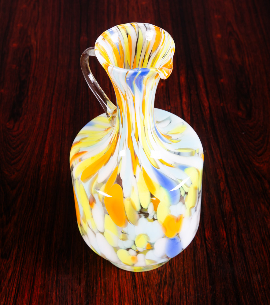 Mid Century Modern Art Glass Wine Decanter Vase Yellow Orange Blue Round Jug Mcm - Image 2