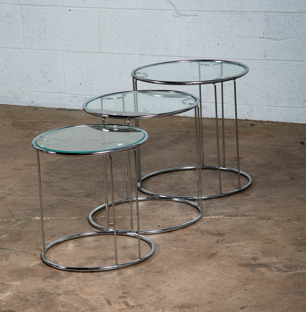 Mid Centurn Modern Nesting Tables Glass Round Set 3 Chrome Vintage 1970s Silver - Image 3
