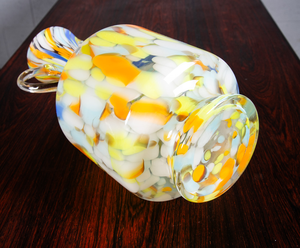 Mid Century Modern Art Glass Wine Decanter Vase Yellow Orange Blue Round Jug Mcm - Image 4