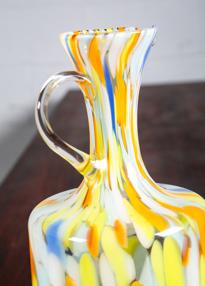 Mid Century Modern Art Glass Wine Decanter Vase Yellow Orange Blue Round Jug Mcm - Image 7