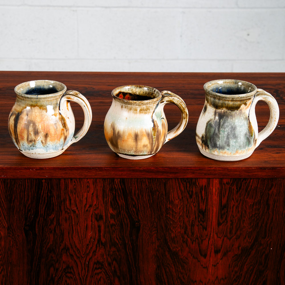 Mid Century Modern Coffee Cup Set of 3 Handle Mug Mcm Ceramic Studio Signed NM - Image 4