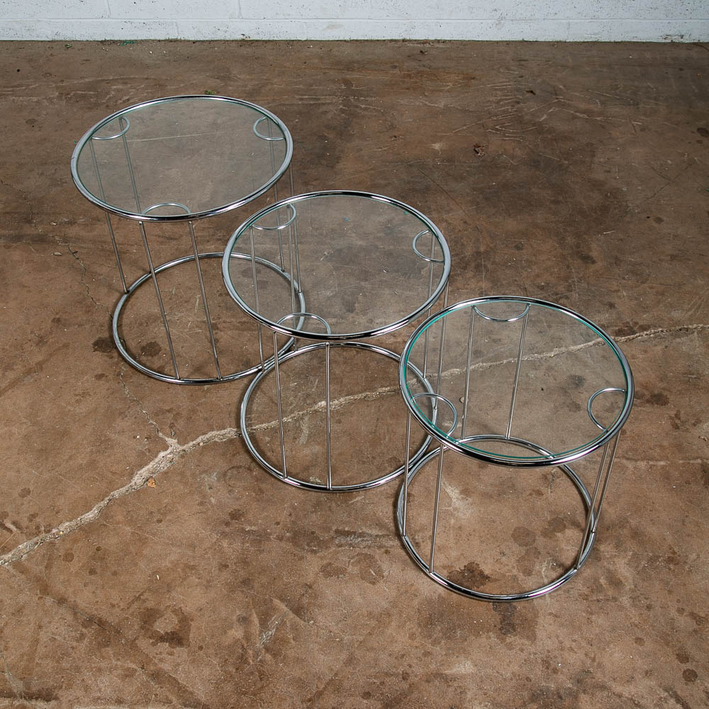 Mid Centurn Modern Nesting Tables Glass Round Set 3 Chrome Vintage 1970s Silver - Image 7