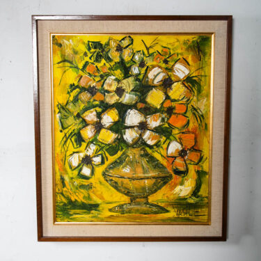 Mid Century Modern Oil Painting 1970s Flowers Original Art Yellow Green Signed