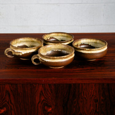 Mid Century Modern Round Soup Bowl Set of 4 Studio Ceramics Brown Tan Round Signed