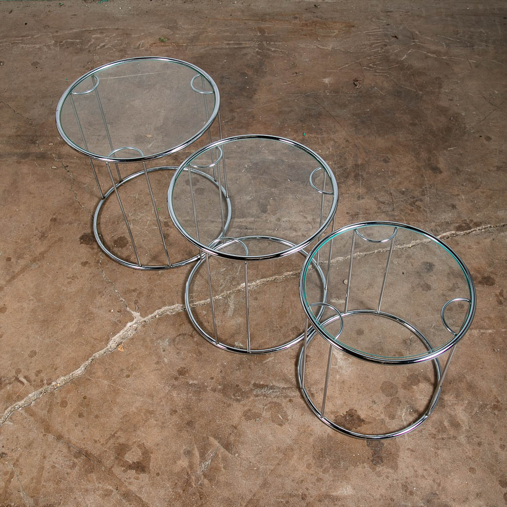 Mid Centurn Modern Nesting Tables Glass Round Set 3 Chrome Vintage 1970s Silver - Image 4