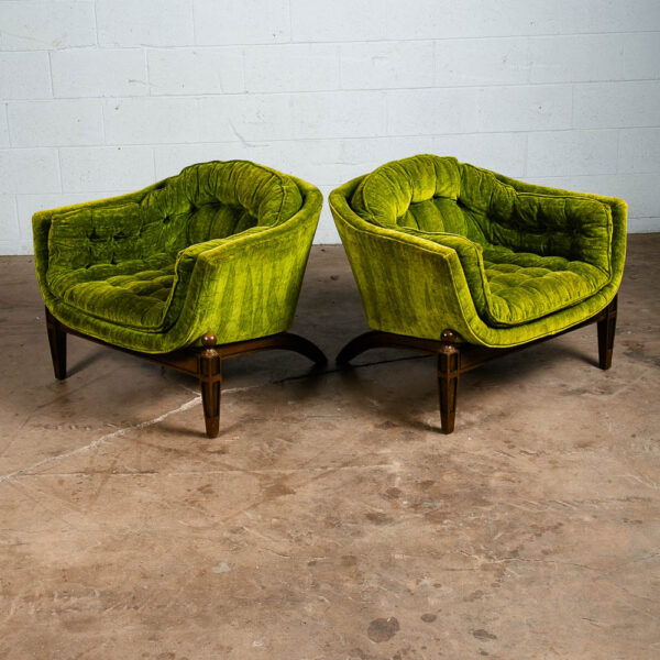 Mid Century Modern Lounge Chairs Pair Armchair Set Green Tufted Crushed Velvet - Image 12