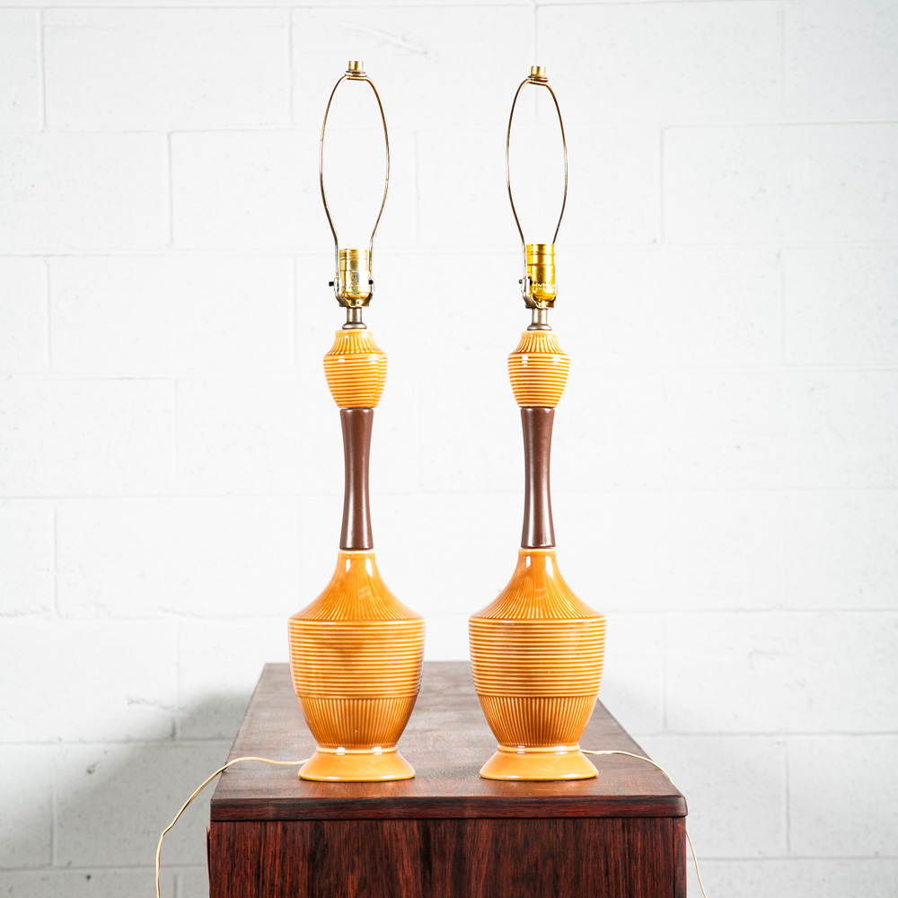 Mid Century Modern Lamp Set Table Light lighting Ceramic Brown Yellow Work Mcm