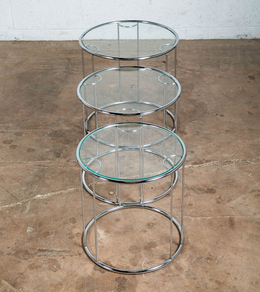 Mid Centurn Modern Nesting Tables Glass Round Set 3 Chrome Vintage 1970s Silver