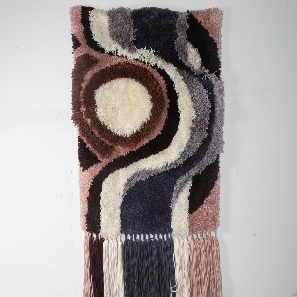 Mid Century Modern Tapestry Wall Hanging Abstract Pink Purple White Original Art - Image 2