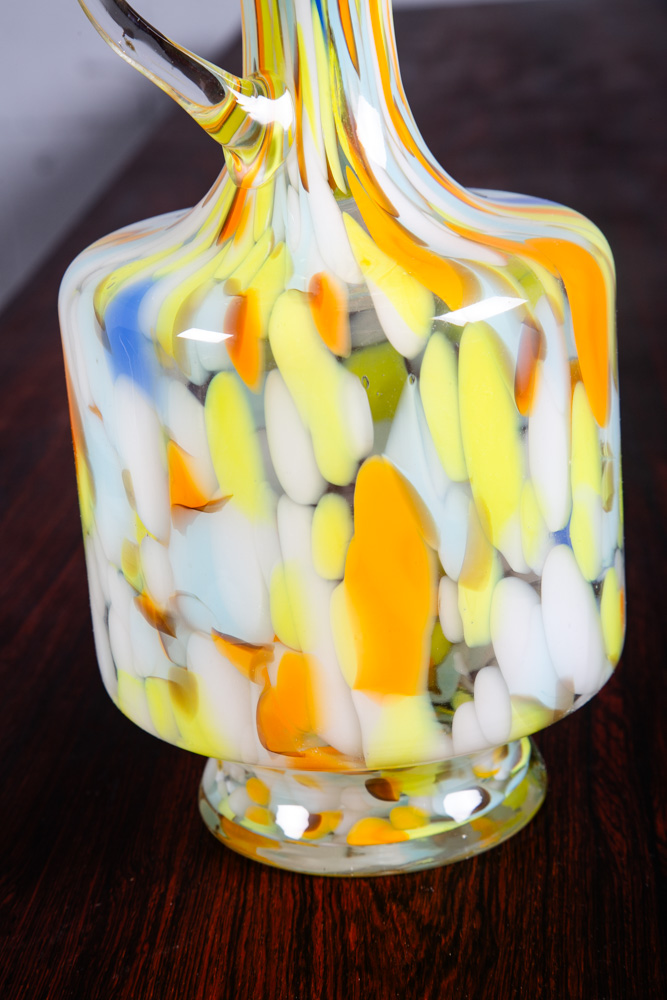 Mid Century Modern Art Glass Wine Decanter Vase Yellow Orange Blue Round Jug Mcm - Image 8