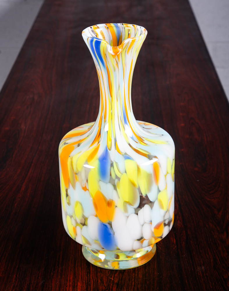 Mid Century Modern Art Glass Wine Decanter Vase Yellow Orange Blue Round Jug Mcm - Image 3