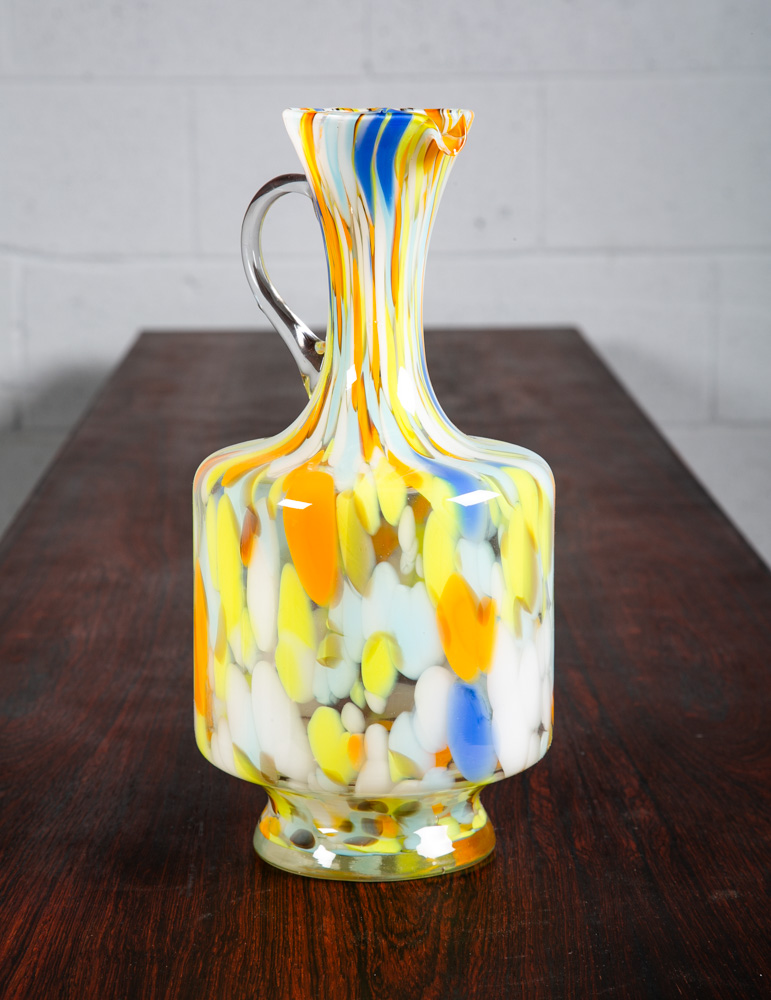 Mid Century Modern Art Glass Wine Decanter Vase Yellow Orange Blue Round Jug Mcm