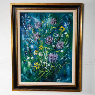 Mid Century Modern Oil Painting 1977 Flowers Original Art Blue Green Purple Sign