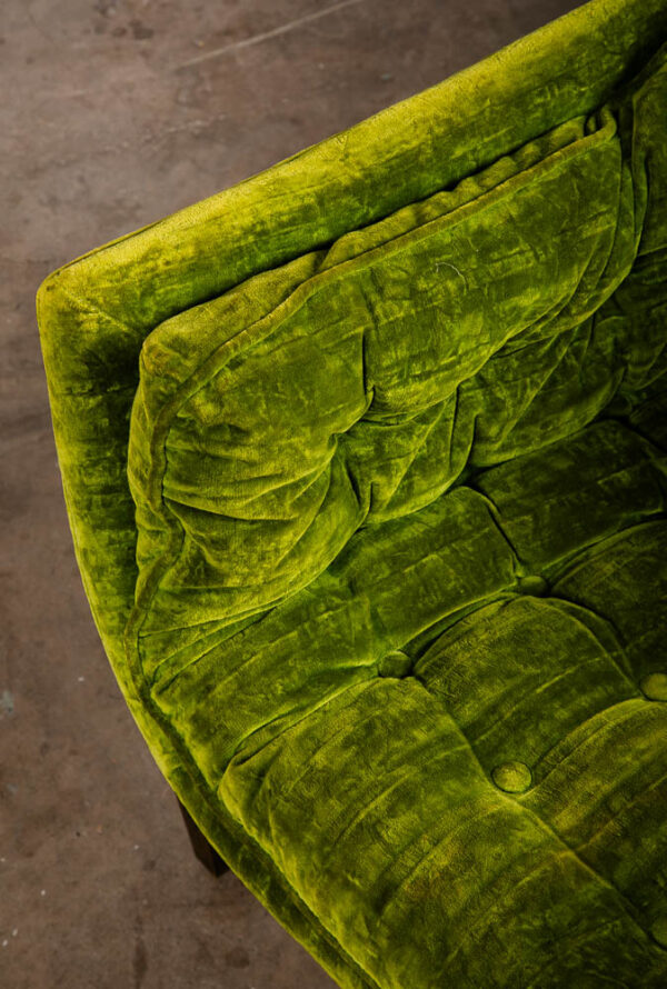 Mid Century Modern Lounge Chairs Pair Armchair Set Green Tufted Crushed Velvet - Image 8