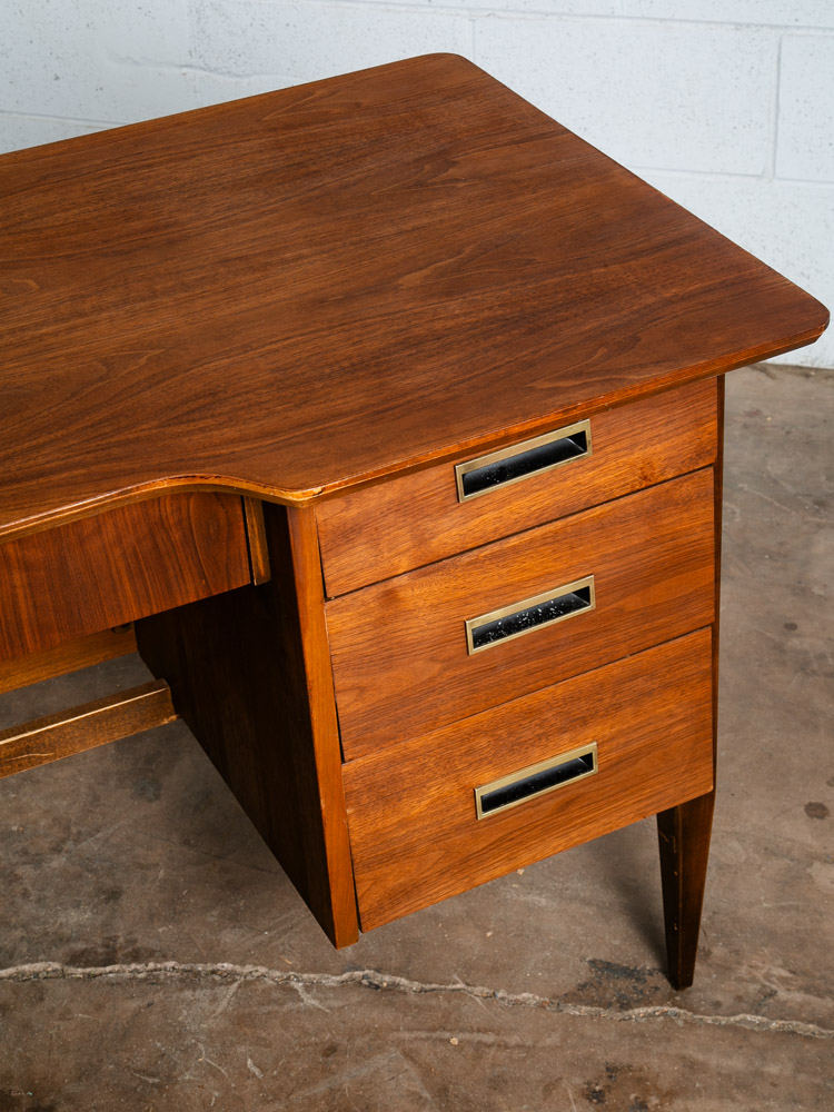 Mid Century Modern Desk Executive 6 Drawer Walnut Wood Brass Floating Vintage VG - Image 6