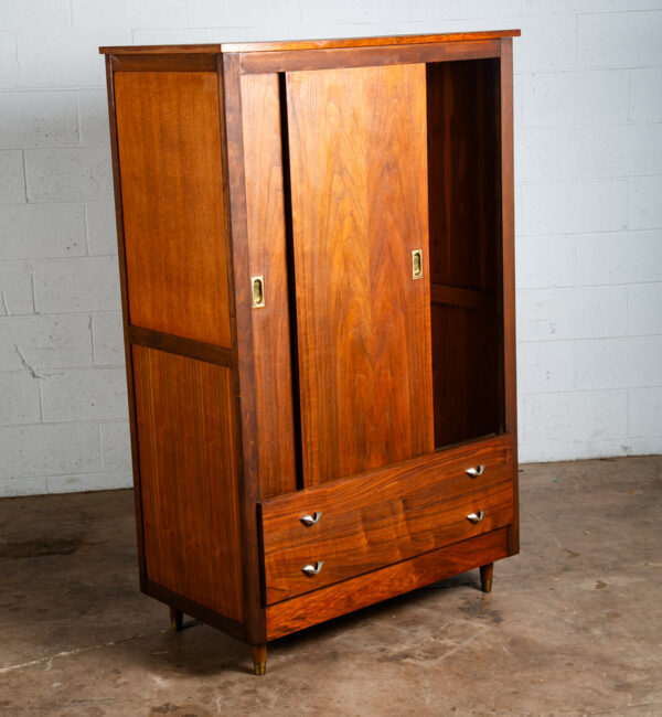 Mid Century Danish Modern Armoire Wardrobe Sliding Doors Closet Walnut Brass Mcm - Image 5