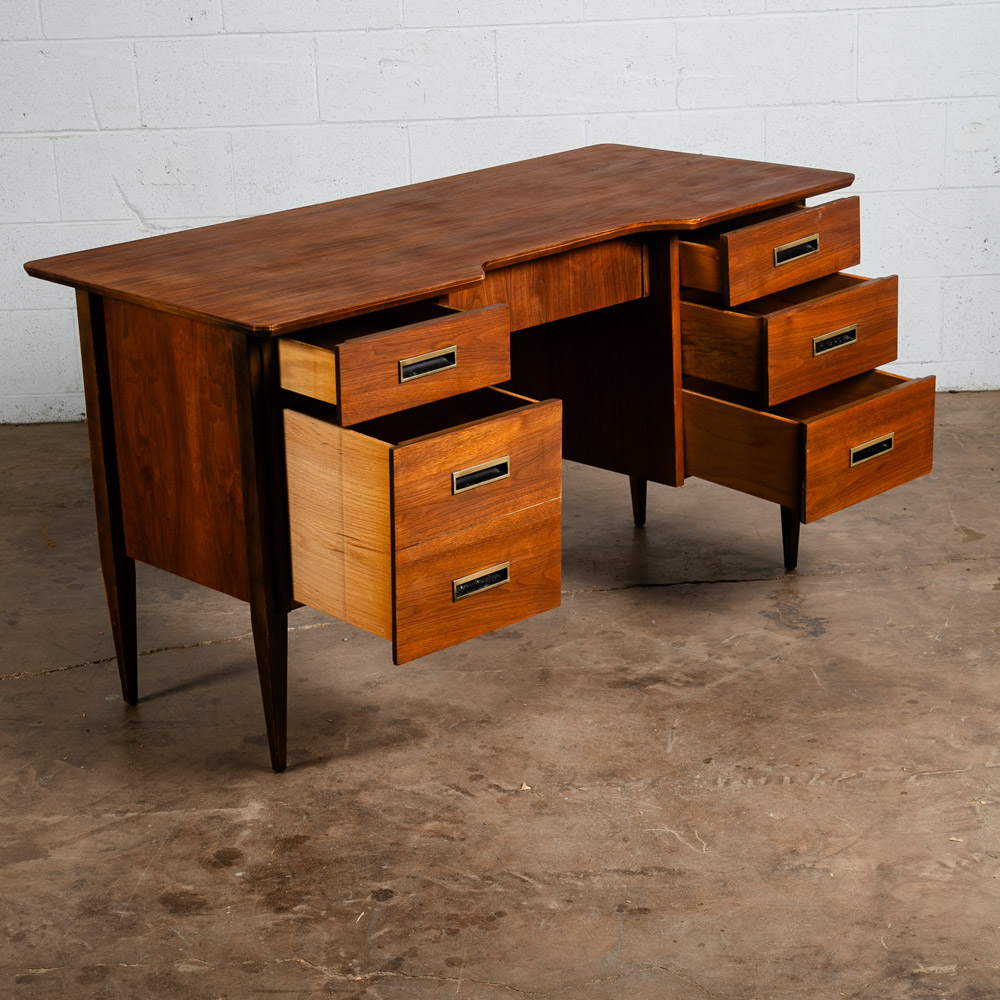 Mid Century Modern Desk Executive 6 Drawer Walnut Wood Brass Floating Vintage VG - Image 5