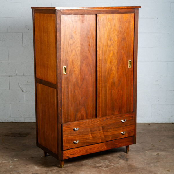 Mid Century Danish Modern Armoire Wardrobe Sliding Doors Closet Walnut Brass Mcm - Image 2