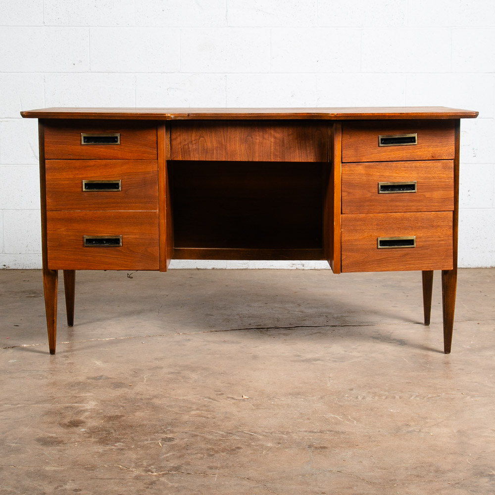 Mid Century Modern Desk Executive 6 Drawer Walnut Wood Brass Floating Vintage VG - Image 2