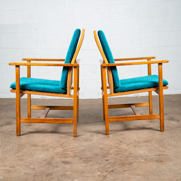 Mid Century Danish Modern Lounge Chairs 2257 Borge Mogensen Fredericia Oak Blue - Image 2