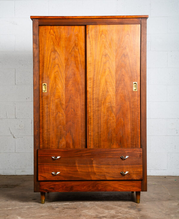 Mid Century Danish Modern Armoire Wardrobe Sliding Doors Closet Walnut Brass Mcm