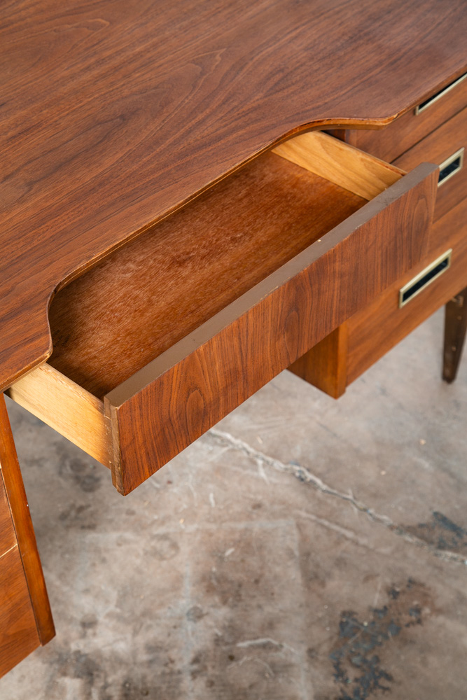 Mid Century Modern Desk Executive 6 Drawer Walnut Wood Brass Floating Vintage VG - Image 11