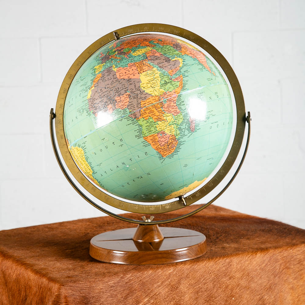 Mid Century Modern Globe Replogle 12 inch Metal Frame Brown Vintage 1960s Table