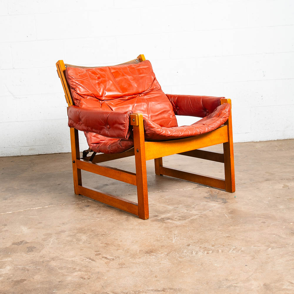 Mid Century Danish Modern Lounge Chair Red Leather Sling Lafer Tufted Vintage VG