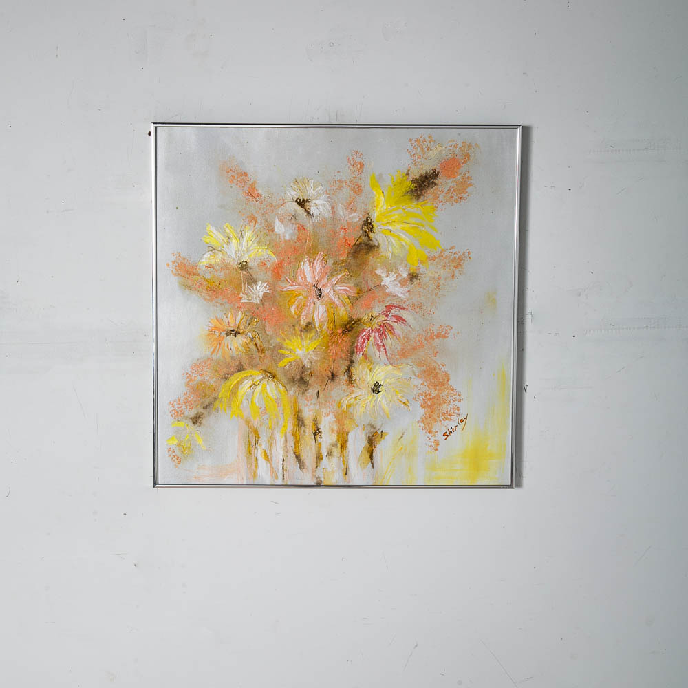 Mid Century Modern Painting Original Art Abstract Flowers Floral 1970s Square 30' - Image 2