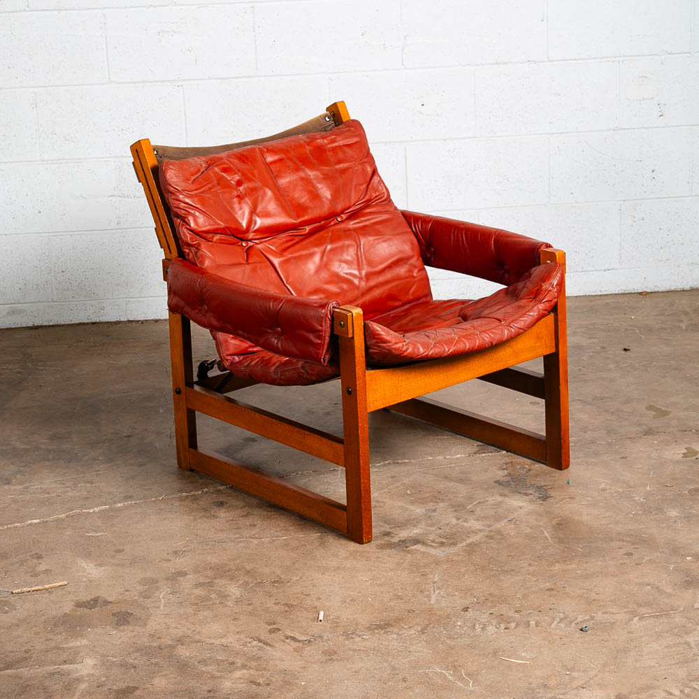 Mid Century Danish Modern Lounge Chair Red Leather Sling Lafer Tufted Vintage VG - Image 6