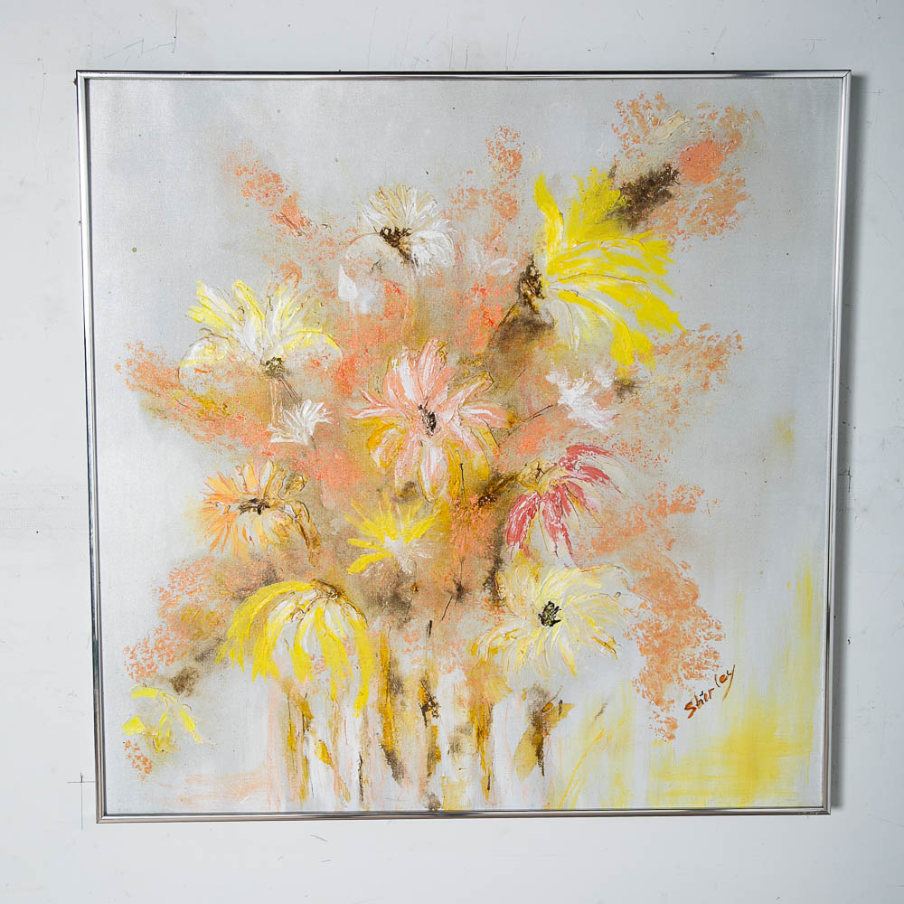 Mid Century Modern Painting Original Art Abstract Flowers Floral 1970s Square 30'