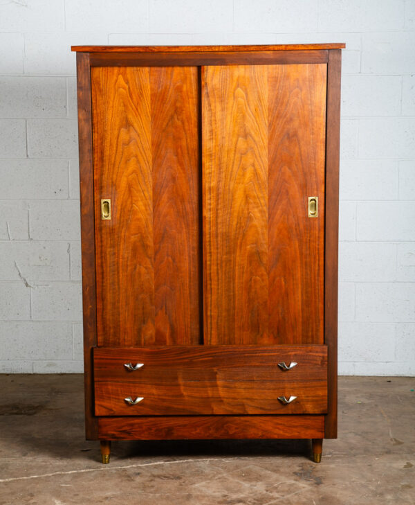 Mid Century Danish Modern Armoire Wardrobe Sliding Doors Closet Walnut Brass Mcm - Image 4