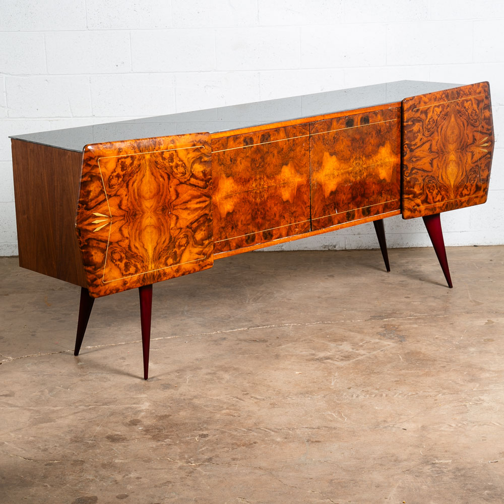 Mid Century Danish Modern Credenza Sideboard Teak Italian Denmark Mcm Burl Glass