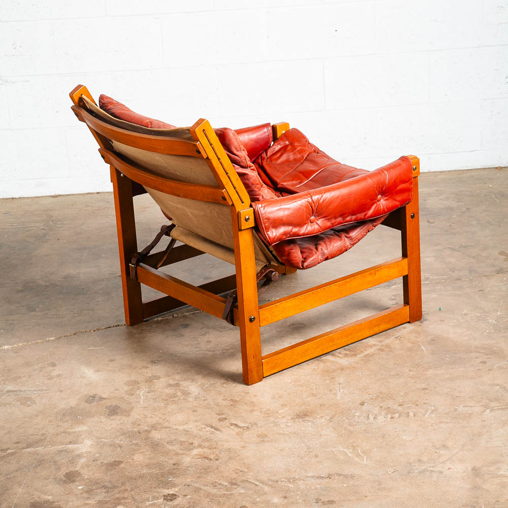 Mid Century Danish Modern Lounge Chair Red Leather Sling Lafer Tufted Vintage VG - Image 7