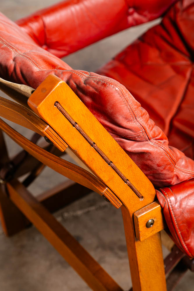 Mid Century Danish Modern Lounge Chair Red Leather Sling Lafer Tufted Vintage VG - Image 11