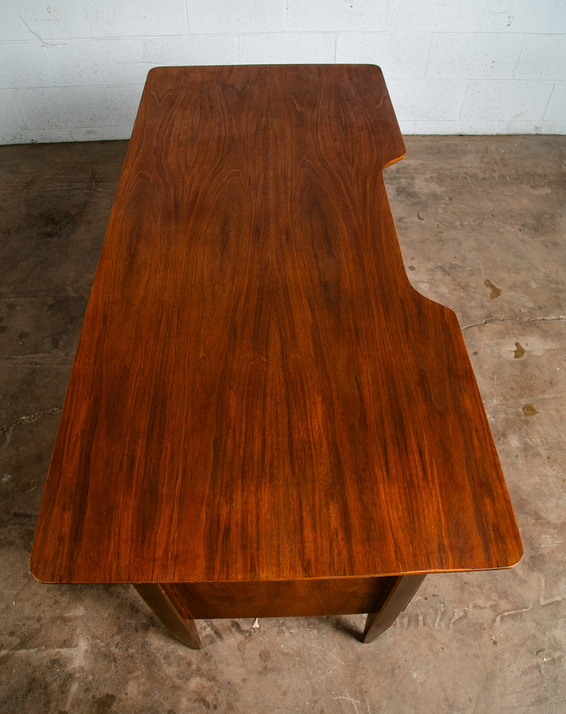 Mid Century Modern Desk Executive 6 Drawer Walnut Wood Brass Floating Vintage VG - Image 12