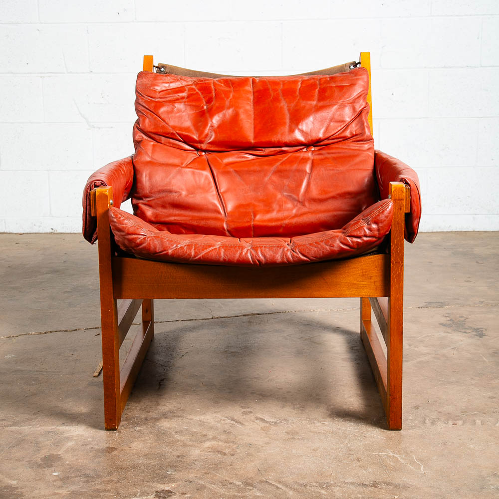 Mid Century Danish Modern Lounge Chair Red Leather Sling Lafer Tufted Vintage VG - Image 4