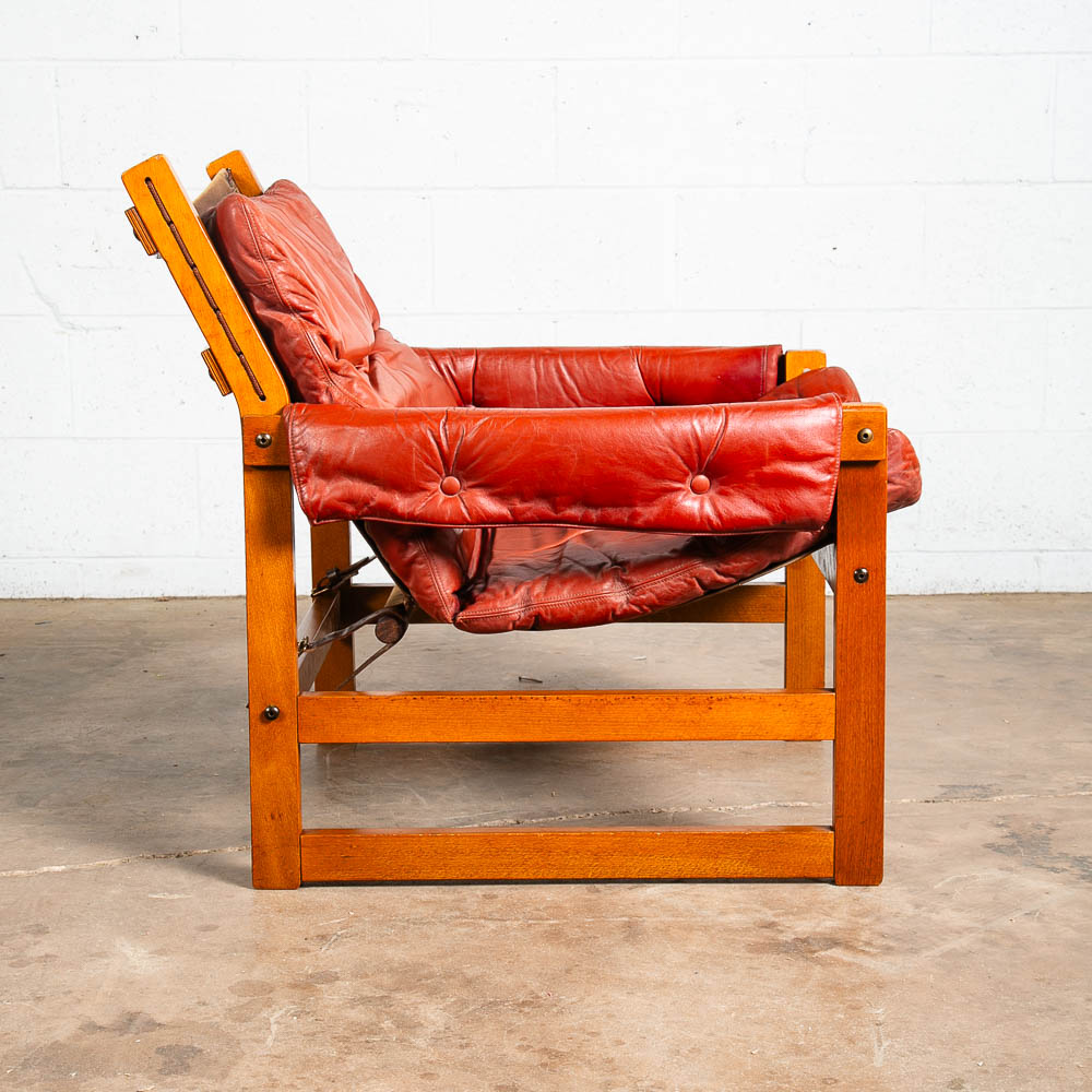 Mid Century Danish Modern Lounge Chair Red Leather Sling Lafer Tufted Vintage VG - Image 2