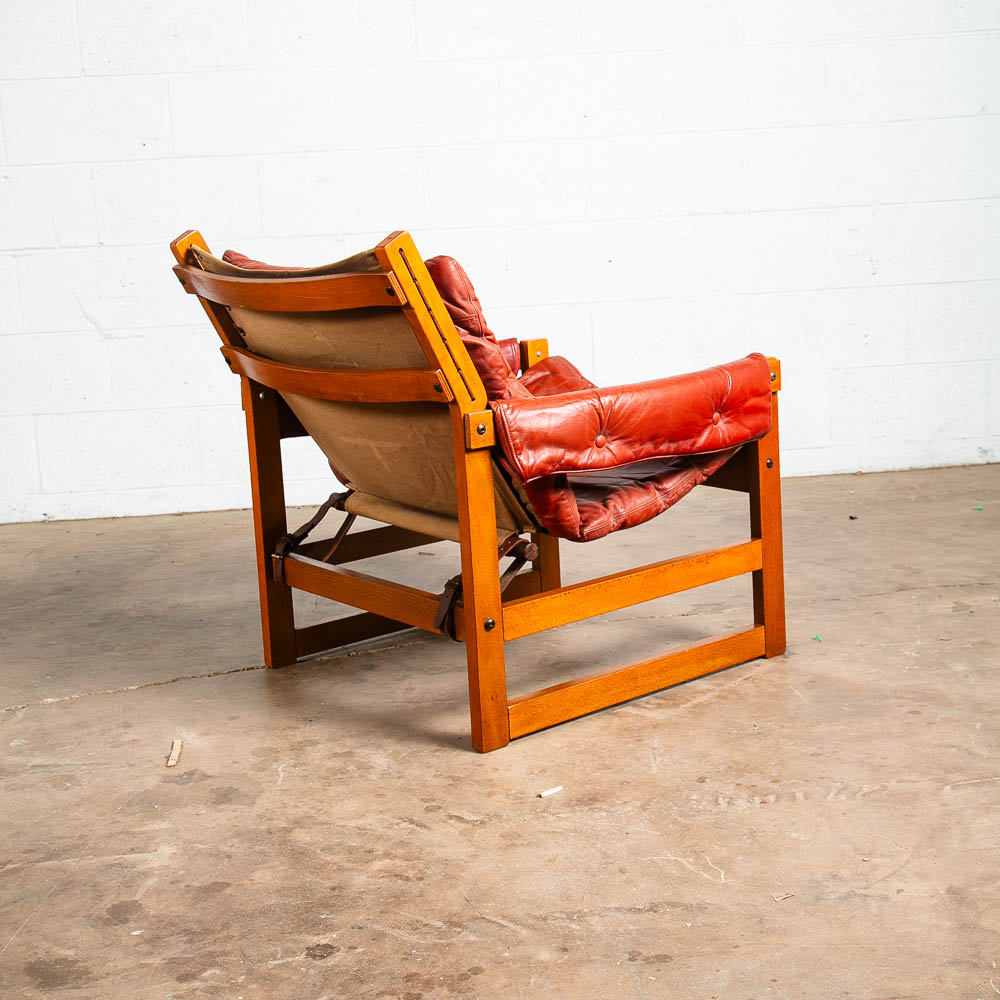 Mid Century Danish Modern Lounge Chair Red Leather Sling Lafer Tufted Vintage VG - Image 3