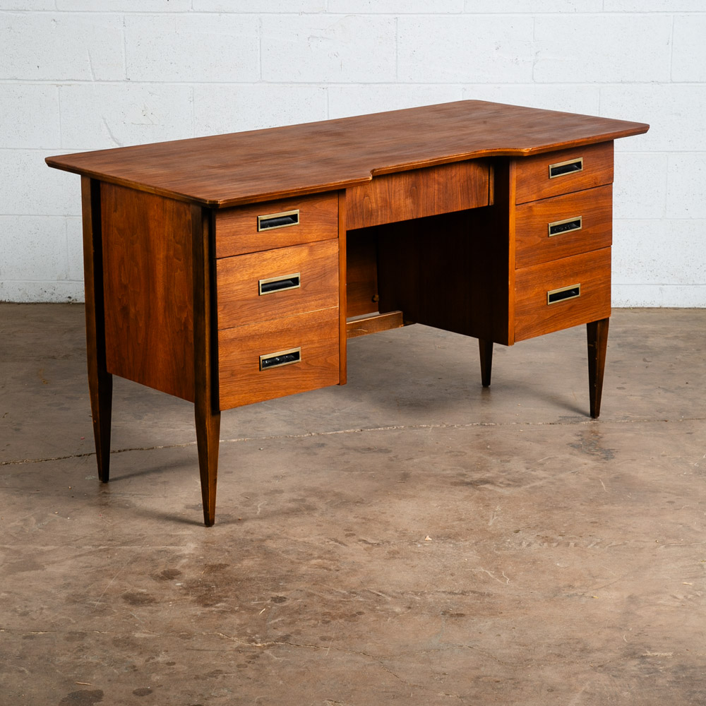 Mid Century Modern Desk Executive 6 Drawer Walnut Wood Brass Floating Vintage VG