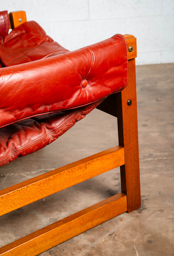 Mid Century Danish Modern Lounge Chair Red Leather Sling Lafer Tufted Vintage VG - Image 10