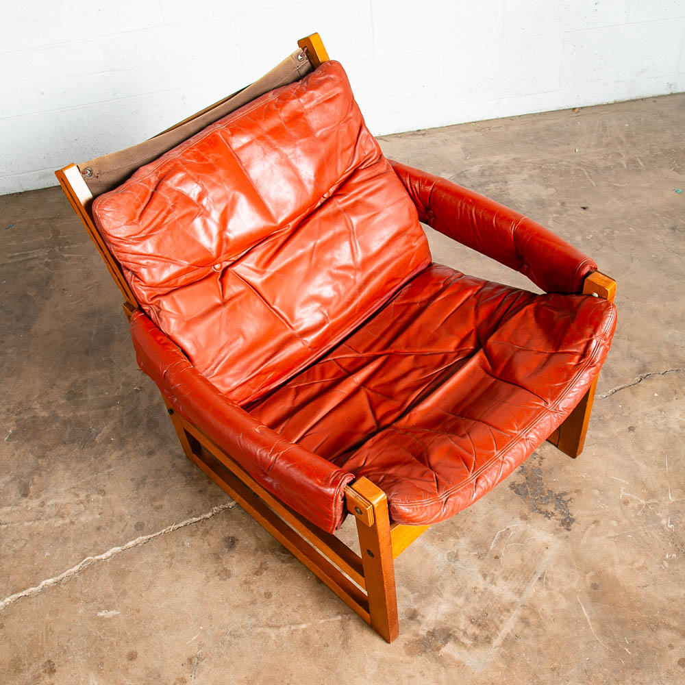 Mid Century Danish Modern Lounge Chair Red Leather Sling Lafer Tufted Vintage VG - Image 5
