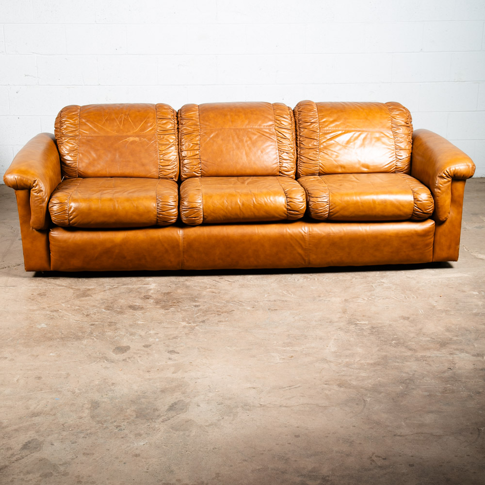 Mid Century Modern Sofa Couch Cognac Brown Caramel Leather 3 Seater Vintage Mcm - Image 2