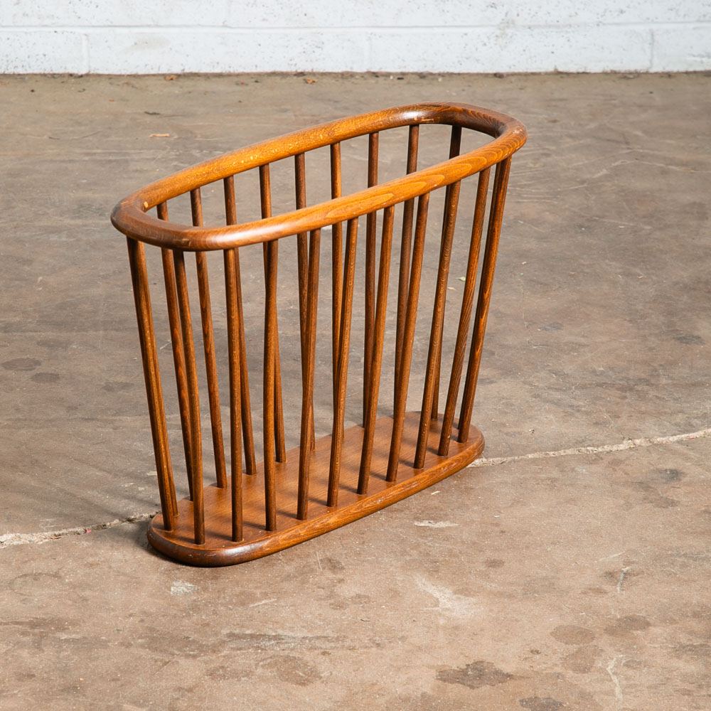 Mid Century Modern Magazine Rack Spindle Solid Wood Vintage Oval Round Umanoff