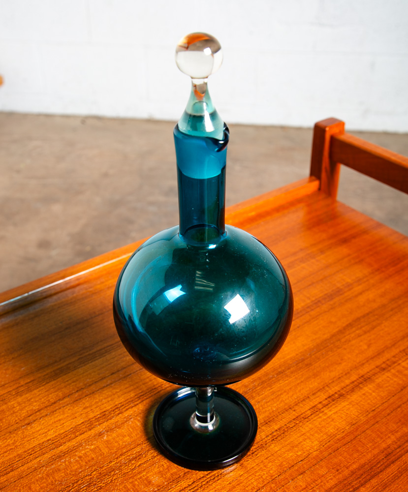Mid Century Modern Art Glass Vase Blue Nanny Still Round Finnish Liquer Pitcher - Image 7